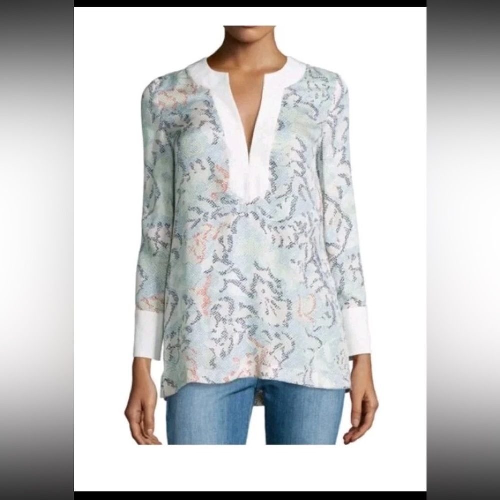 Tory Burch White and Blue Patterned Tunic